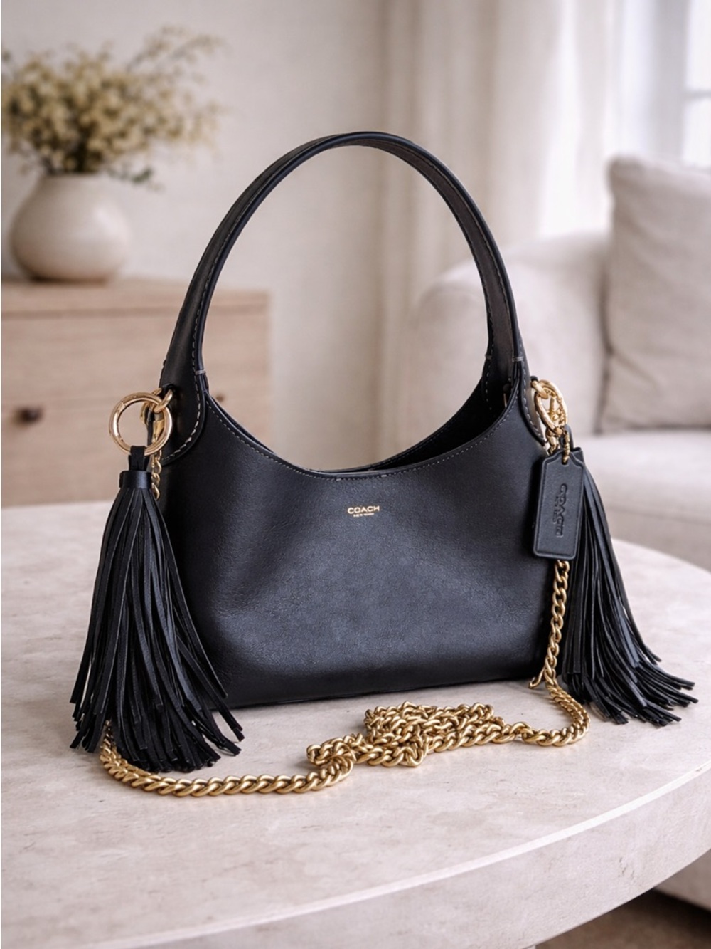 Coach Brooklyn 25 Black Leather Shoulder Bag Gold Chain Tassels Dust Bag EUC